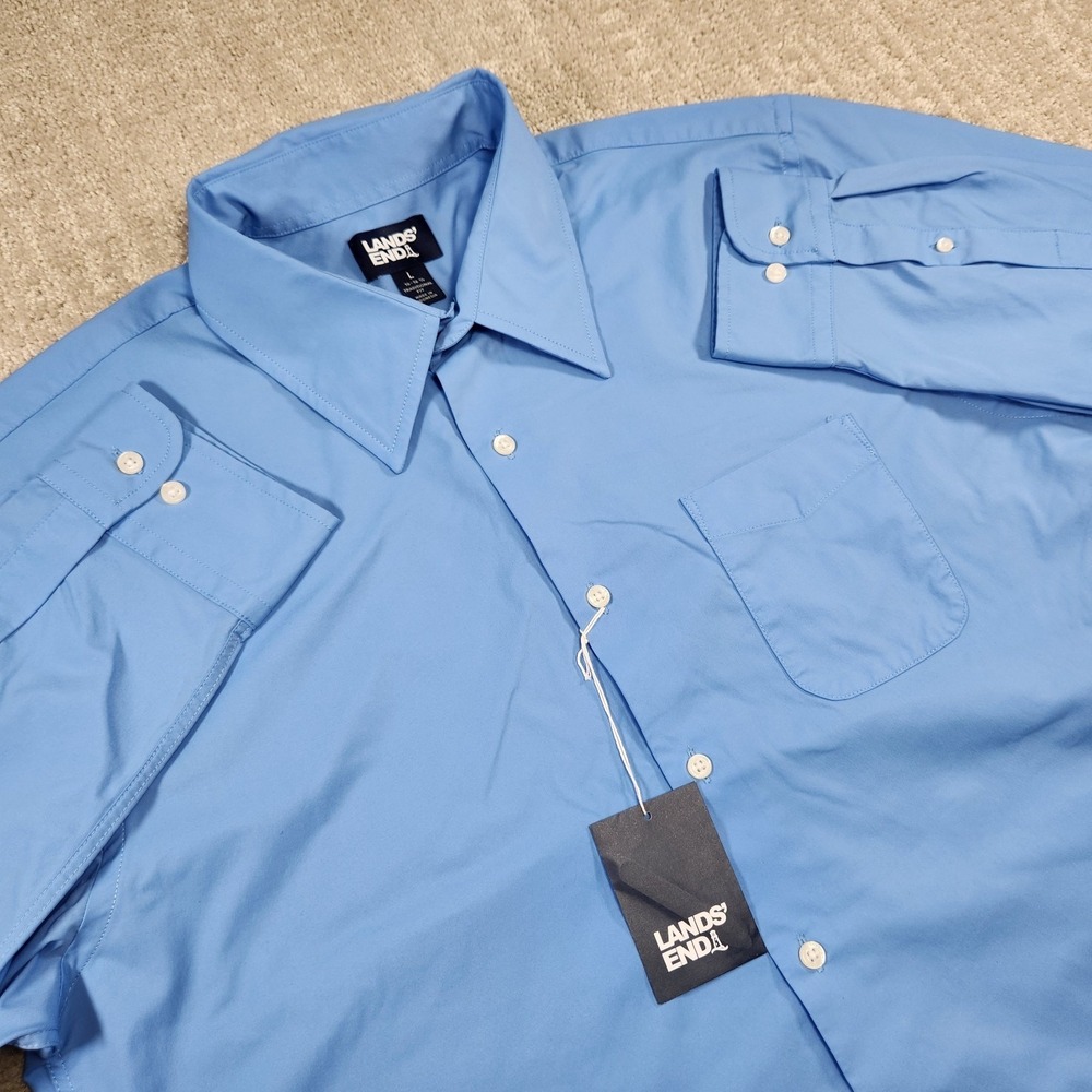 Lands End Performance Shirt Men Large Blue‎ Stretch Woven Button Up Point Collar